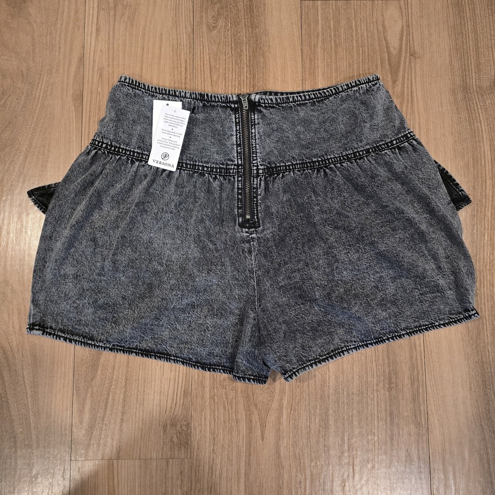 Versona Skort Acid Wash Denim Jean Ruffled Short‎ Mini Skirt Womens Sz 8 Black
